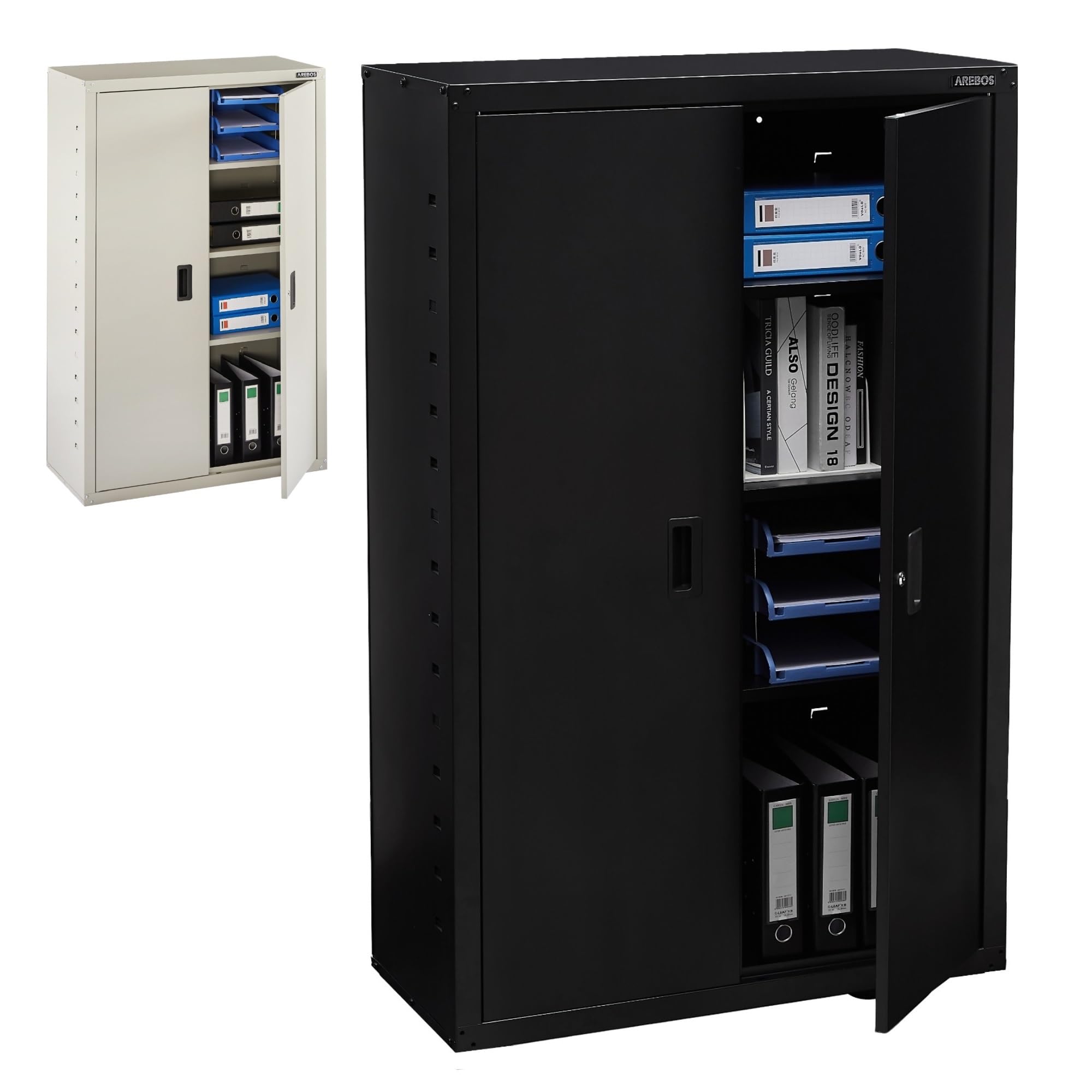 Arebos Armadietto da ufficio, 140 x 90 x 40 cm, 2 ante, con 3 ripiani regolabili in altezza, con serratura a cilindro, colore nero