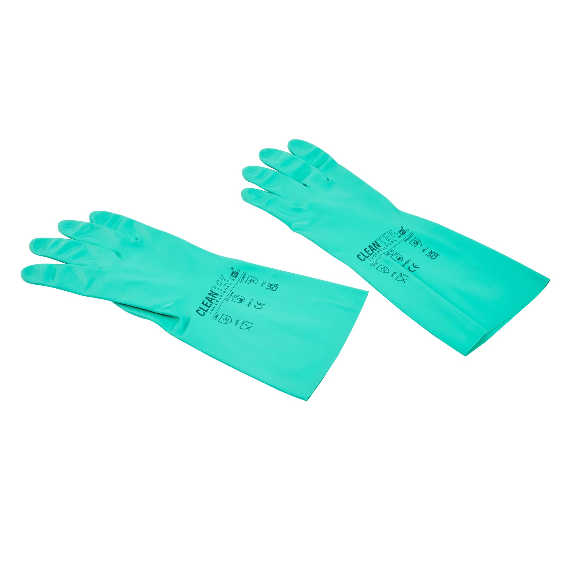 Restaurantware - Clean Tek Professional - Guantes de limpieza grandes de 15 mil, 10 pares de guantes largos, forro flocado, sin polvo, guantes de nitrilo verde tolerantes a productos químicos, sin