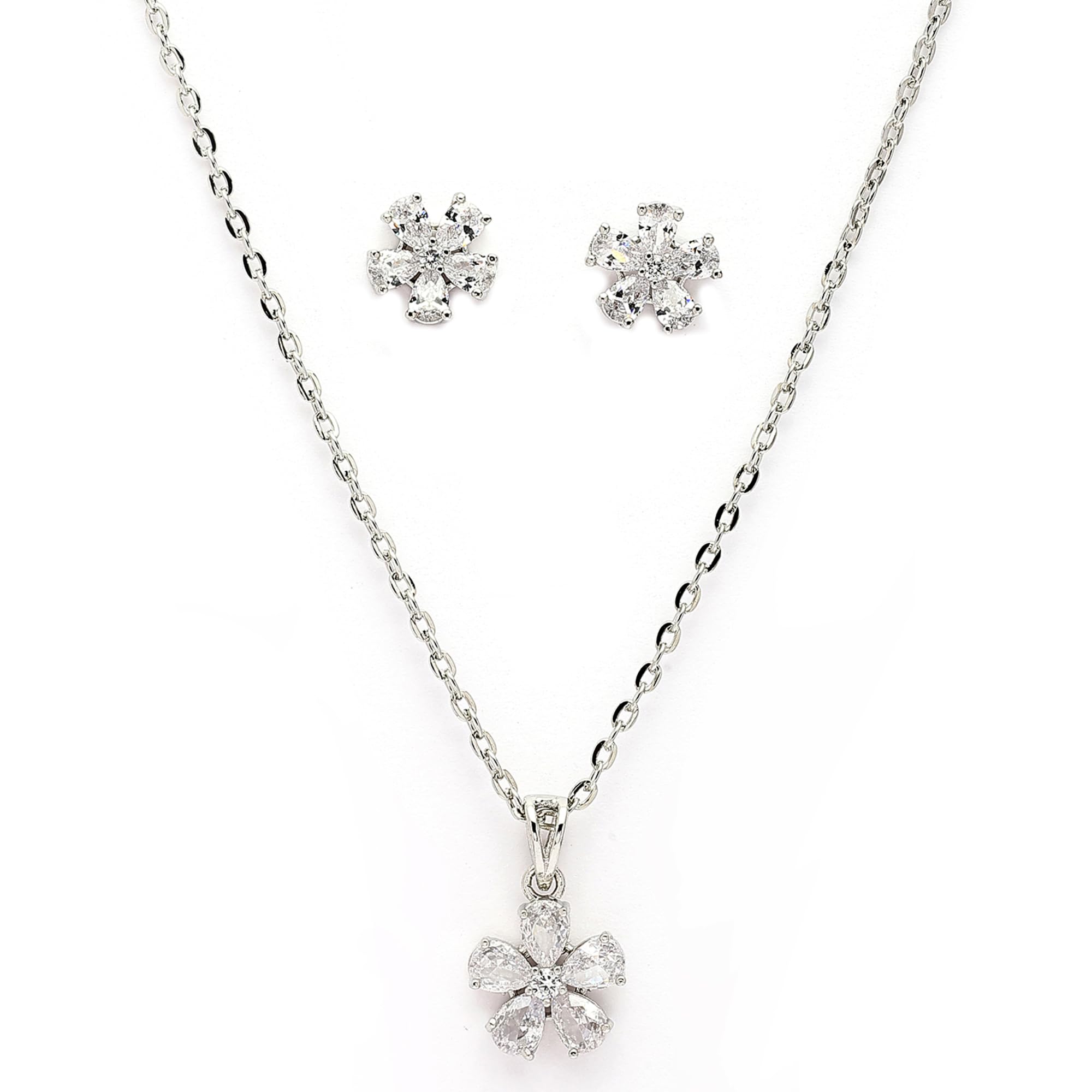 Rhodium Plated Silver Toned American Diamond Studded Floral Shaped Pendant Chain With Earrings Jewellery Set For Women And Girls-image-41