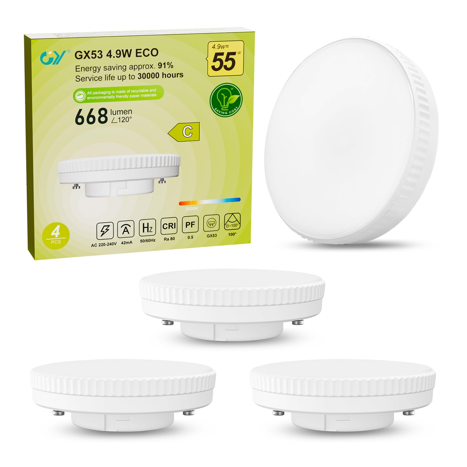 GY GX53 LED Bulbs, 4.9W Warm White 3000K, 668 Lumens Energy Efficiency Class C, Replaces 55W Bulb, 100° Beam Angle, Non-dimmable, Pack of 4