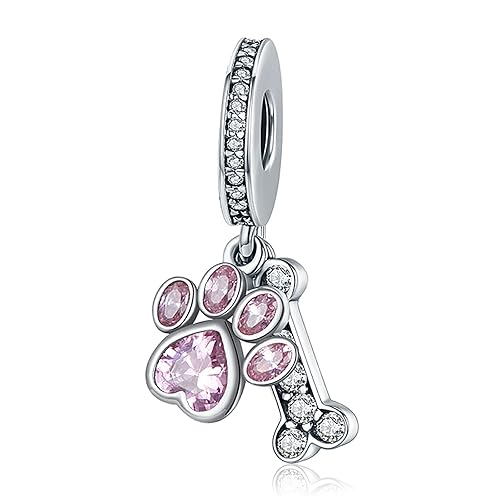 Immagine del prodotto LaMenars Charms Pink Paw Ciondola 925 Sterling Silver Dog Bone Ciondolo Bead con Cubic Zirconia Adatto Europa Charm Bracciale Collana, Regali per Donne Ragazze