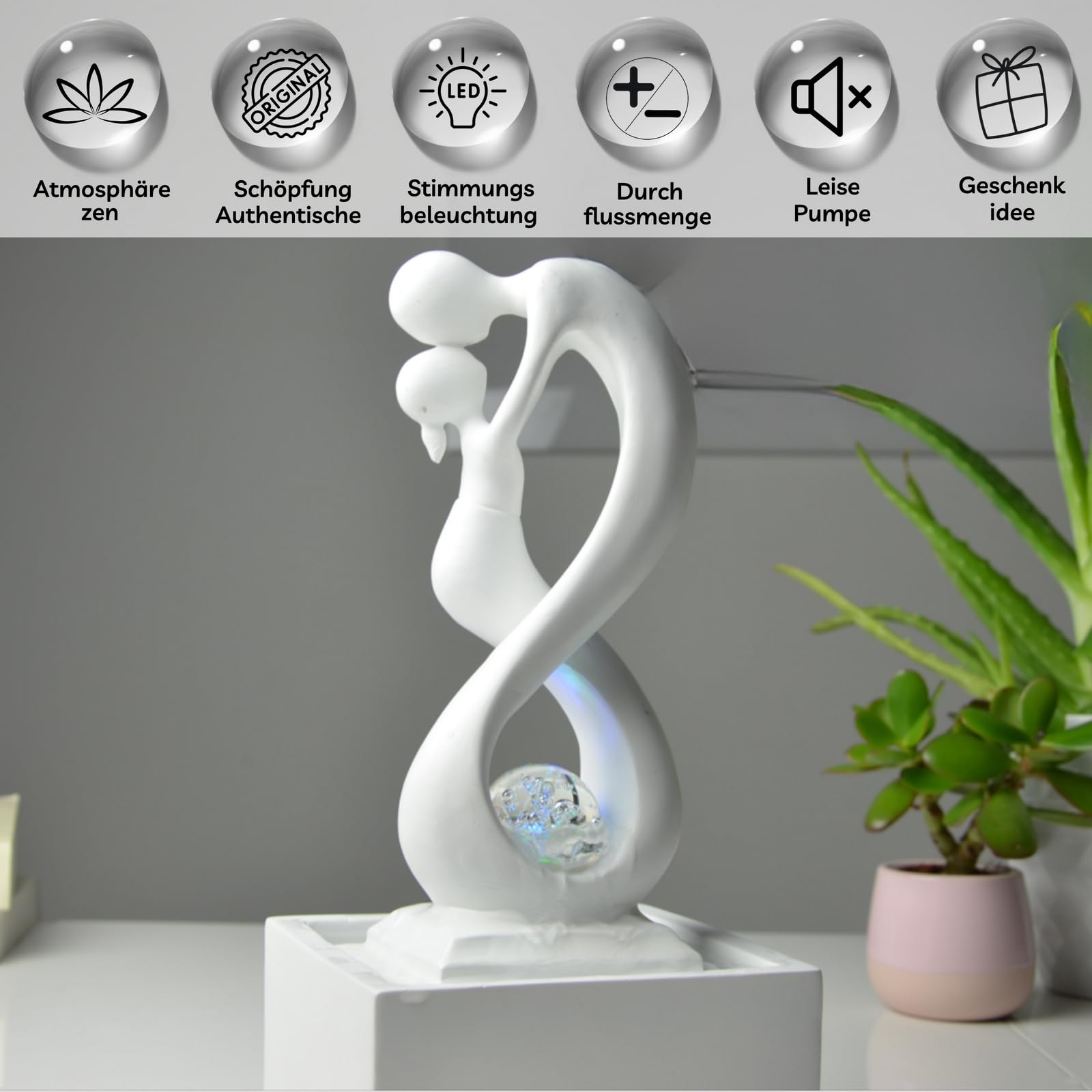 Zen'Light - Moderner Zimmerbrunnen Amor Weiß mit Farbigem LED-Licht - Zeitgenössische Innendekoration, Ideal für Meditation und Entspannung - Geschlossener Kreislauf mit Rotierender Kugel - 31x14x14cm