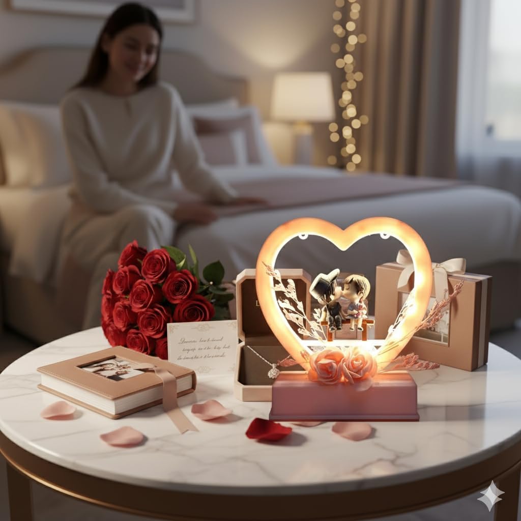 QUALIZA Valentine Gift for Couple Pink Edition, Romantic LED Gift Set for Husband Wife, Girlfriend Boyfriend | Indian Couple Gift Idea (Pack of 1)