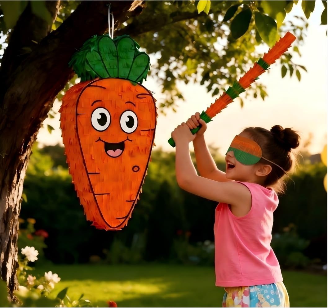 Forenee Carrot Piñata - 3Pcs Set with Blindfold and Stick - Cute Orange Vegetable Pinata for Easter Theme Party, Garden Birthday Decorations, Kids Party Supplies