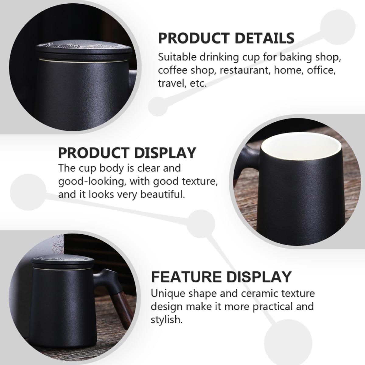 Tasse à thé en céramique avec filtre et couvercle, tasse de bureau personnelle noire pour séparation du thé, tasse à eau et à lait en porcelaine 350 ml adaptée pour l'infusion de feuilles en