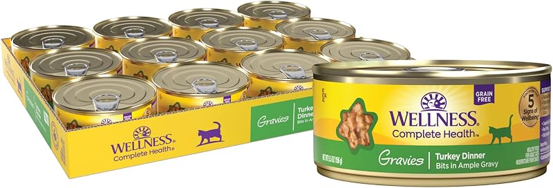 Ração úmida para gatos adultos Wellness Complete Health com peru e molho, sem grãos, Pacote com 12 latas de 156 g