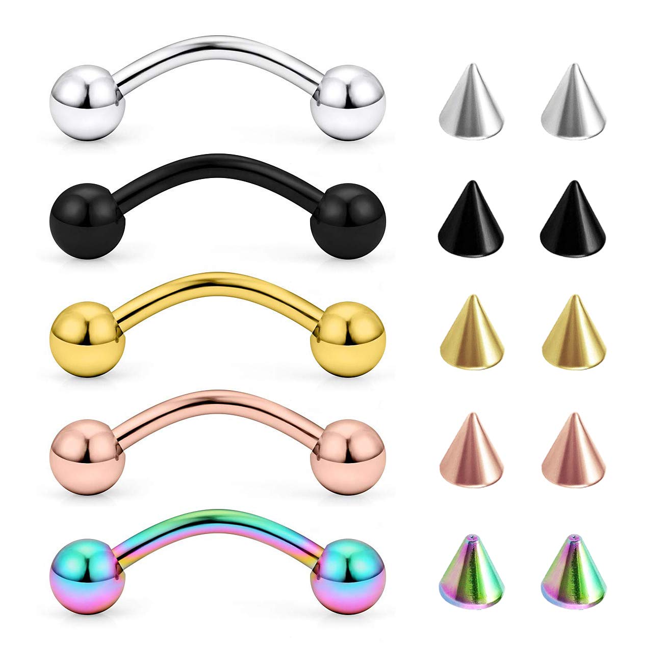 VFUN 14G 16G Piercing Ceja Anillo Curvados Barbell Piercing Oreja Rook Helix Tragus Piercing Labio Ombligo Anillo Acero Inoxidable con Reemplazo Spike 10-18mm