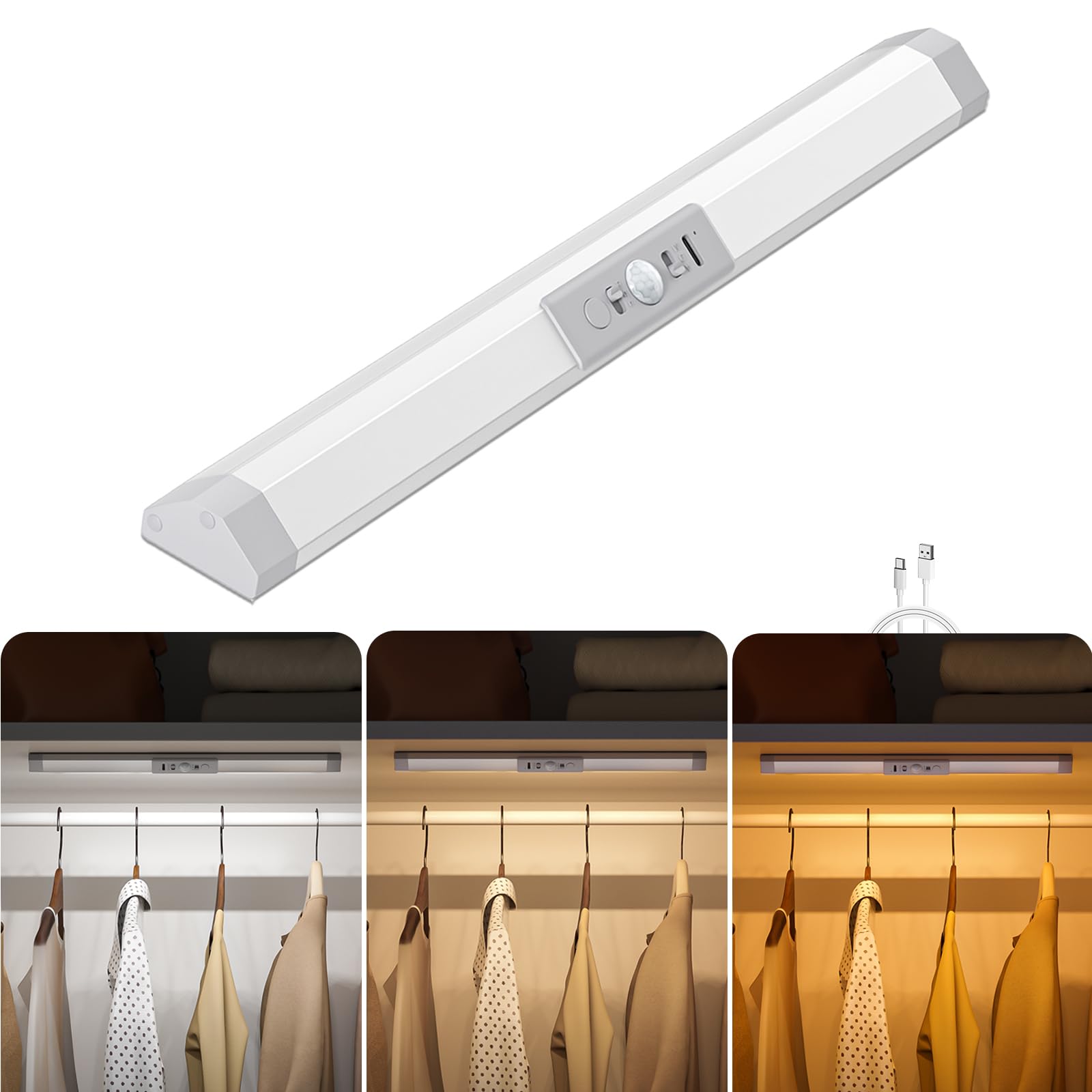 WOBANE Wardrobe Lights Motion Sensor,Dimmable Wardrobe Lighting with 3 Color,Upgraded Eye Protection Design,Rechargeable Night Lights,Wireless LED Sensor Light for Drawer,Closet,Stair,Bed,30cm — image 1