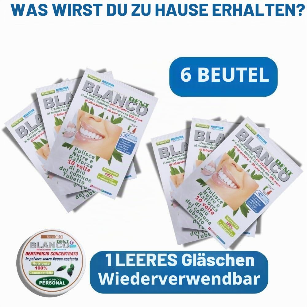 Blancodent Fluorfreie Zahnpasta aus Pulver und natürlichem Mundwasser, professionelle und alkalinisierende Zahnpasta für weiße Zähne und gesundes Zahnfleisch, 6 Beutel
