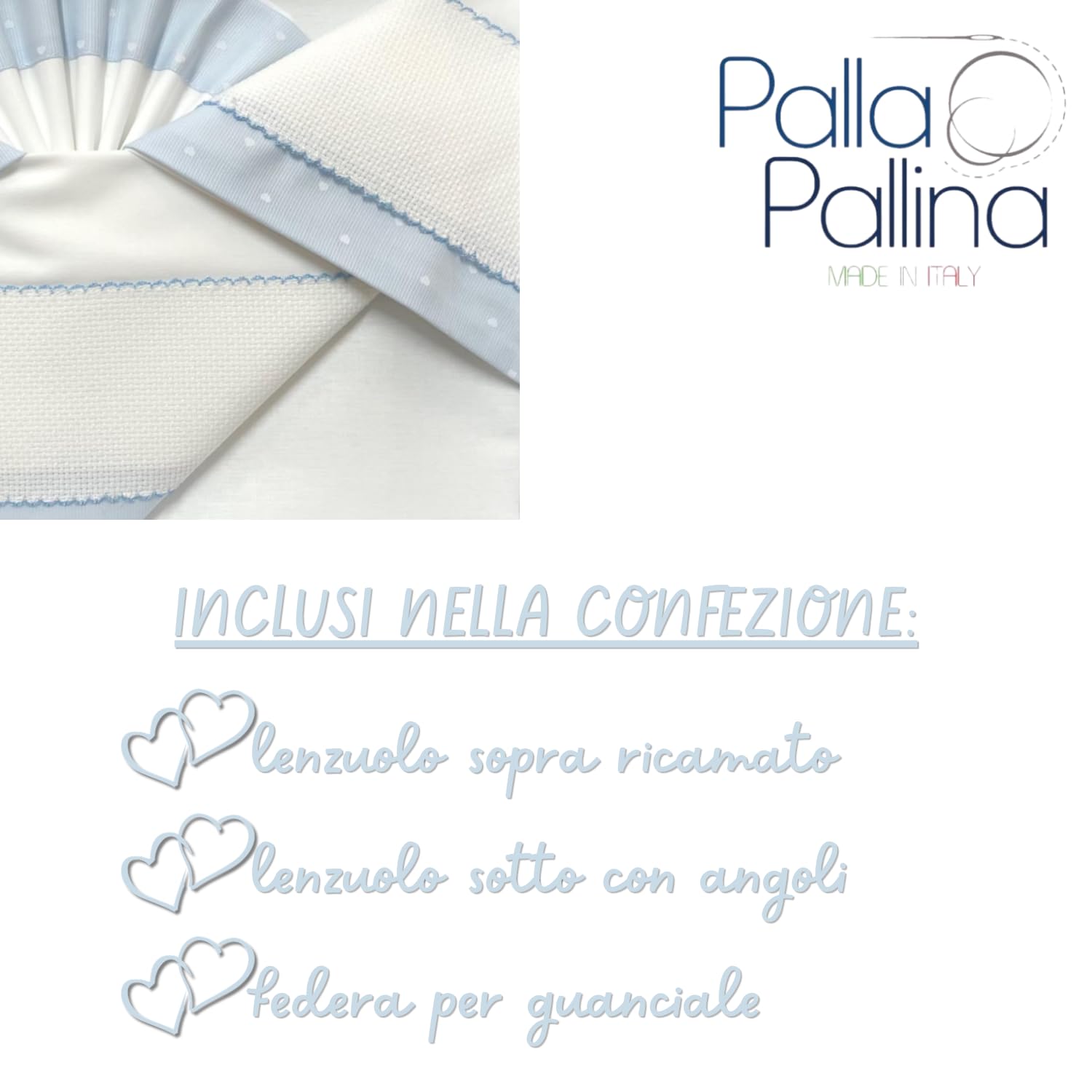 Palla Pallina Set 3 Lenzuola Lettino 100% Cotone + Lenzuolo Sotto con Angoli e Federa Traspirante Bambino Bambina Idea Regalo Made in Italy Ricamo Personalizzabile