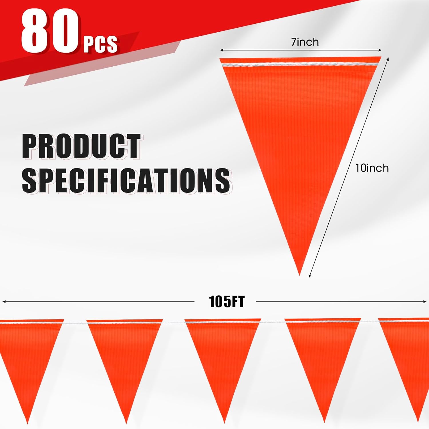 Safety Warning [Enhanced Density] Pennant Banner Flag Sign – 105FT OSHA High Visibility,11 * 7 Inches Colored Triangle Signs for Construction Zones, Roadwork, and Hazard Areas(ORANGE,80PCS,105FT)