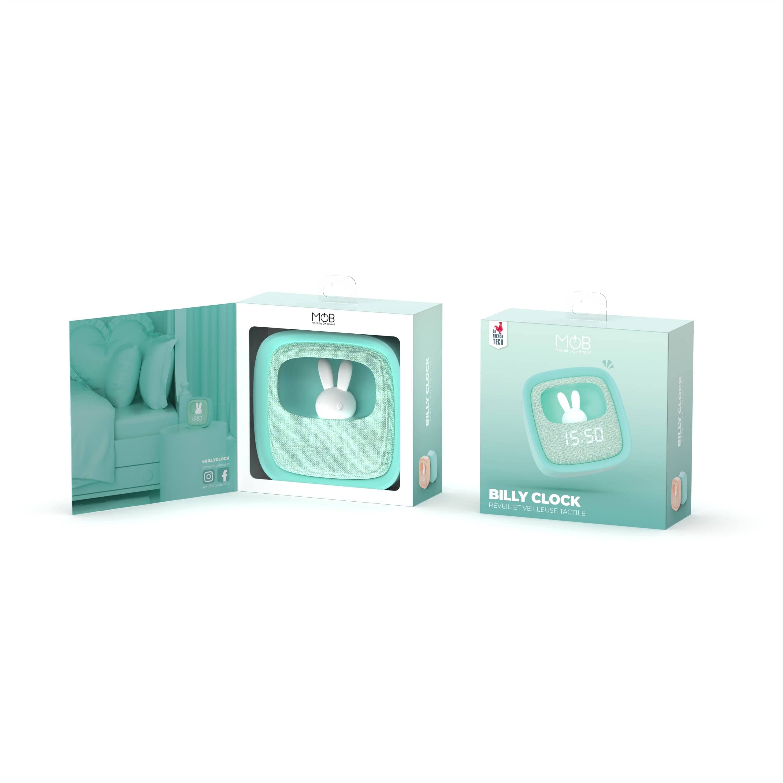 Despertador y Luz Nocturna para Niños Billy Clock con Conejo - Tela y Silicona Soft-Touch - Programación Fecha, Hora y 2 Alarmas - Brillo Ajustable - Azul - Mob