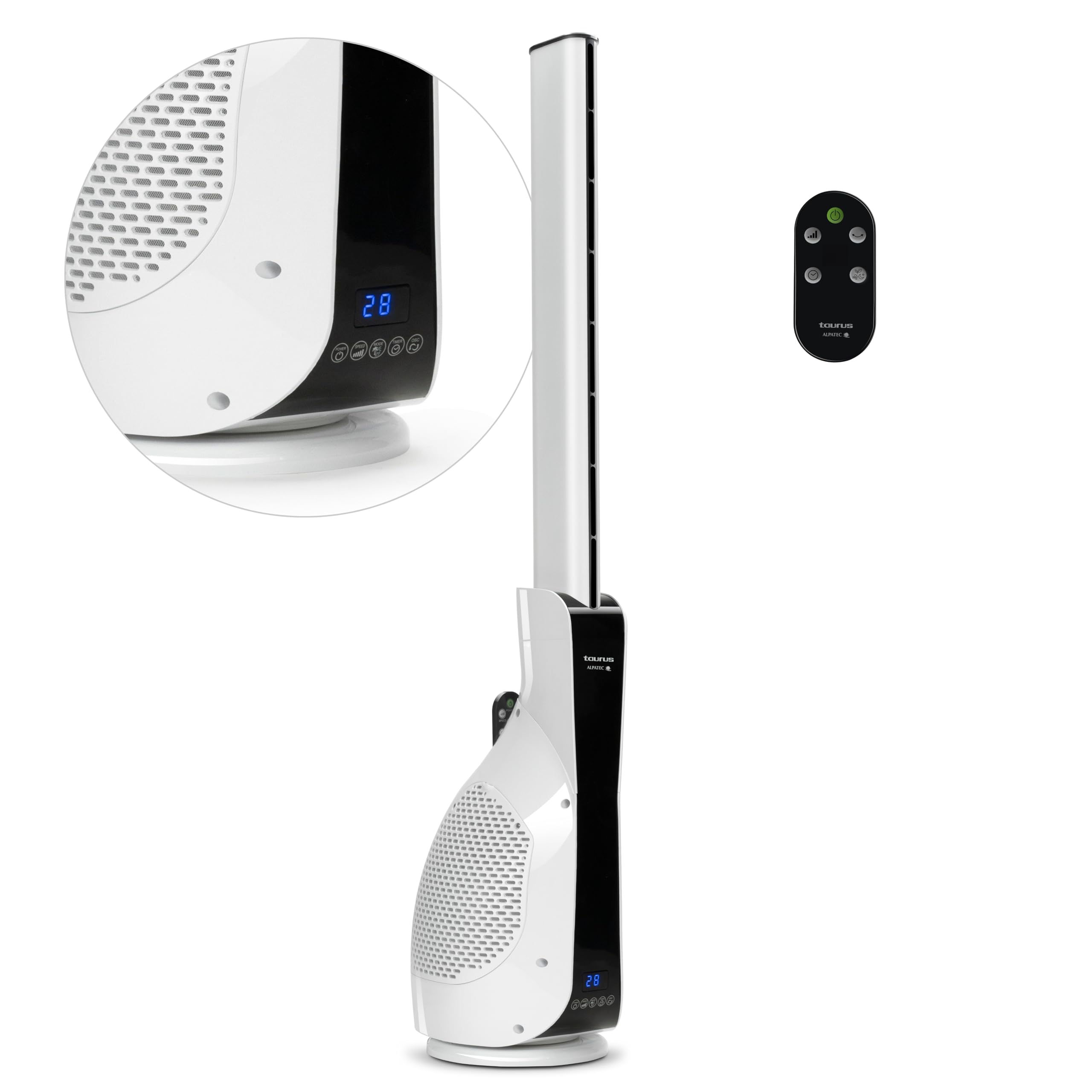 Taurus - Ventilador de Torre Babel Invisible Amazing Digital 30W, 101 cm, 12 Velocidades, 3 Modos, Timer 12h, Mando a Distancia, Oscilación, Digital, Auto Off, Filtro Extraíble, Silencioso, Blanco