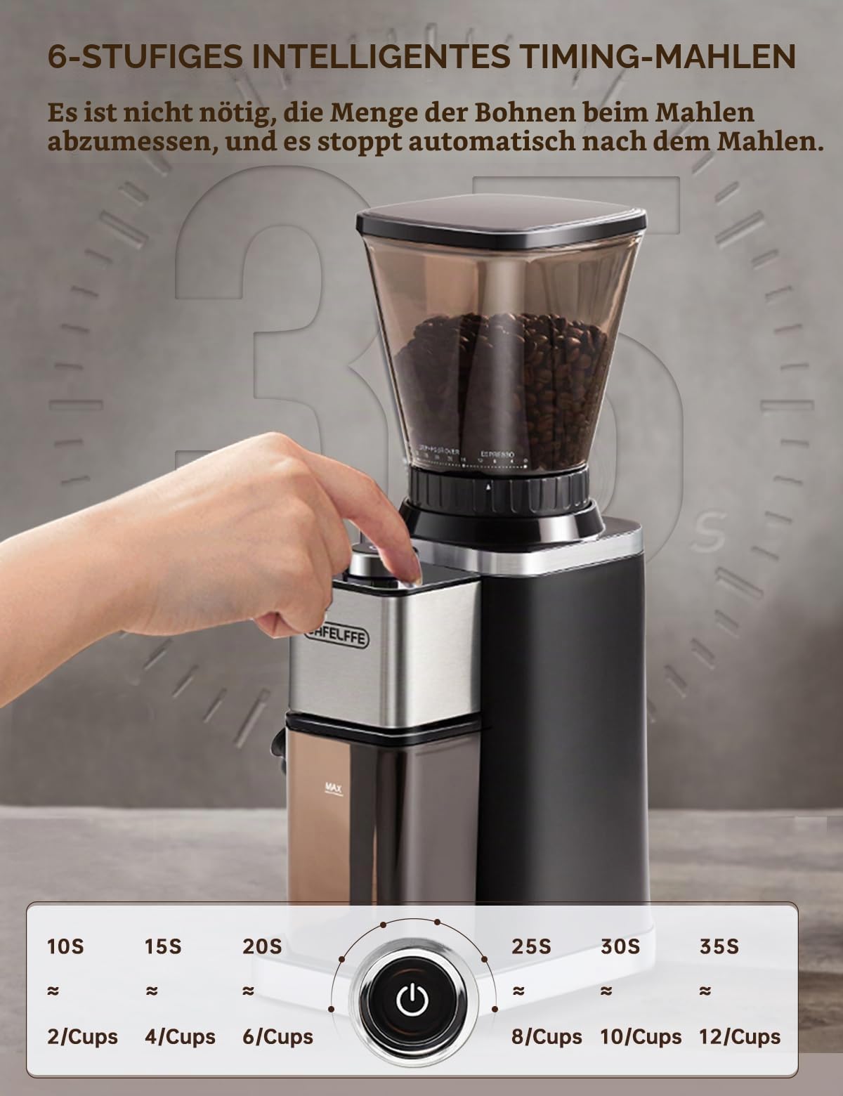 CAFELFFE Elektrische Kaffeemühle für Siebträger und Behälter, 48 einstellbare Mahlstufen mit Antistatik-Funktion für Espresso, Filterkaffee, Pour Over, Cold Brew und French Coffee – ideal für 12 Tasse