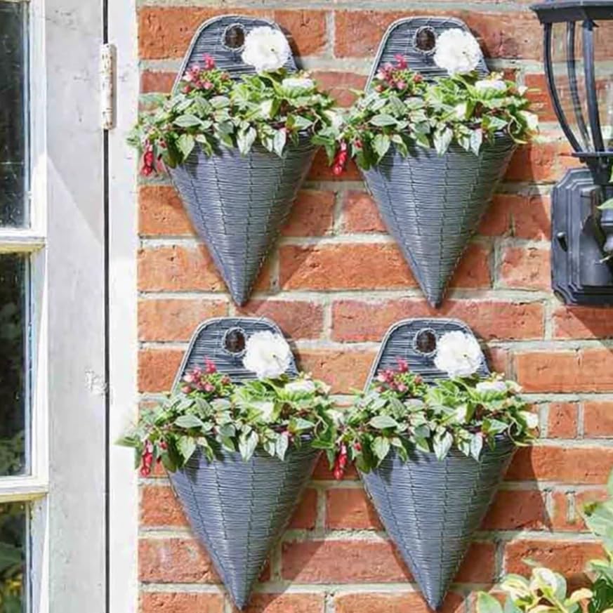 Garden Mile® Wall Mount Cone Flower Basket 14'' 4pc Set Grey Rattan Effect Planter Outdoor Indoor Pre-Lined Plant Pot Holder