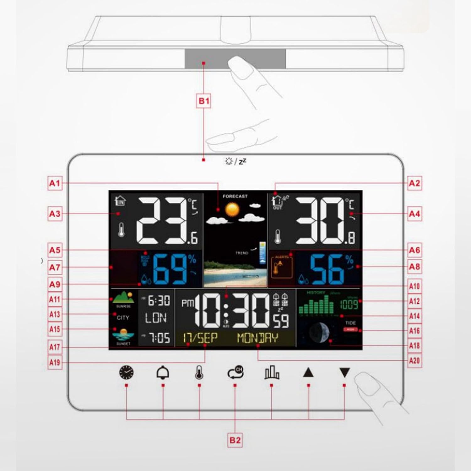 Digital Weather Station Home Indoor Outdoor Thermometer with Color Display Atomic Clock Rain Wind Speed Direction Sensors Temperature Humidity Monitor System
