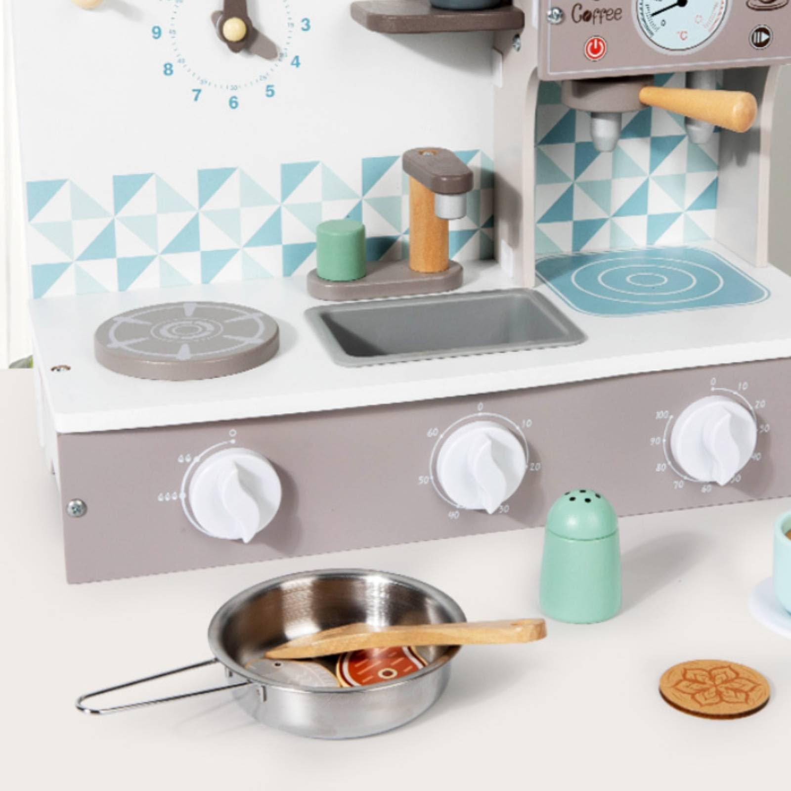 Cucina Giocattolo Bambini Set Cucina Giocattolo Piano Cottura Lavandino Stazione Caffè Legno Acciaio Orologio E Dettagli Deposito Adatta per Gioco Collaborativo Attività Prescolare Casa