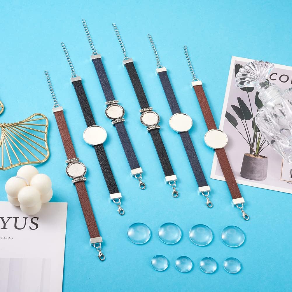 FASHEWELRY 14Pcs PU Leather Cord Bracelet Bezel Tray Blank Flat Round Cabochon Settings Bezel Tray Watch Bands Base Tray Bracelet Blanks with Glass Cabochons for Jewelry Making - Image 4