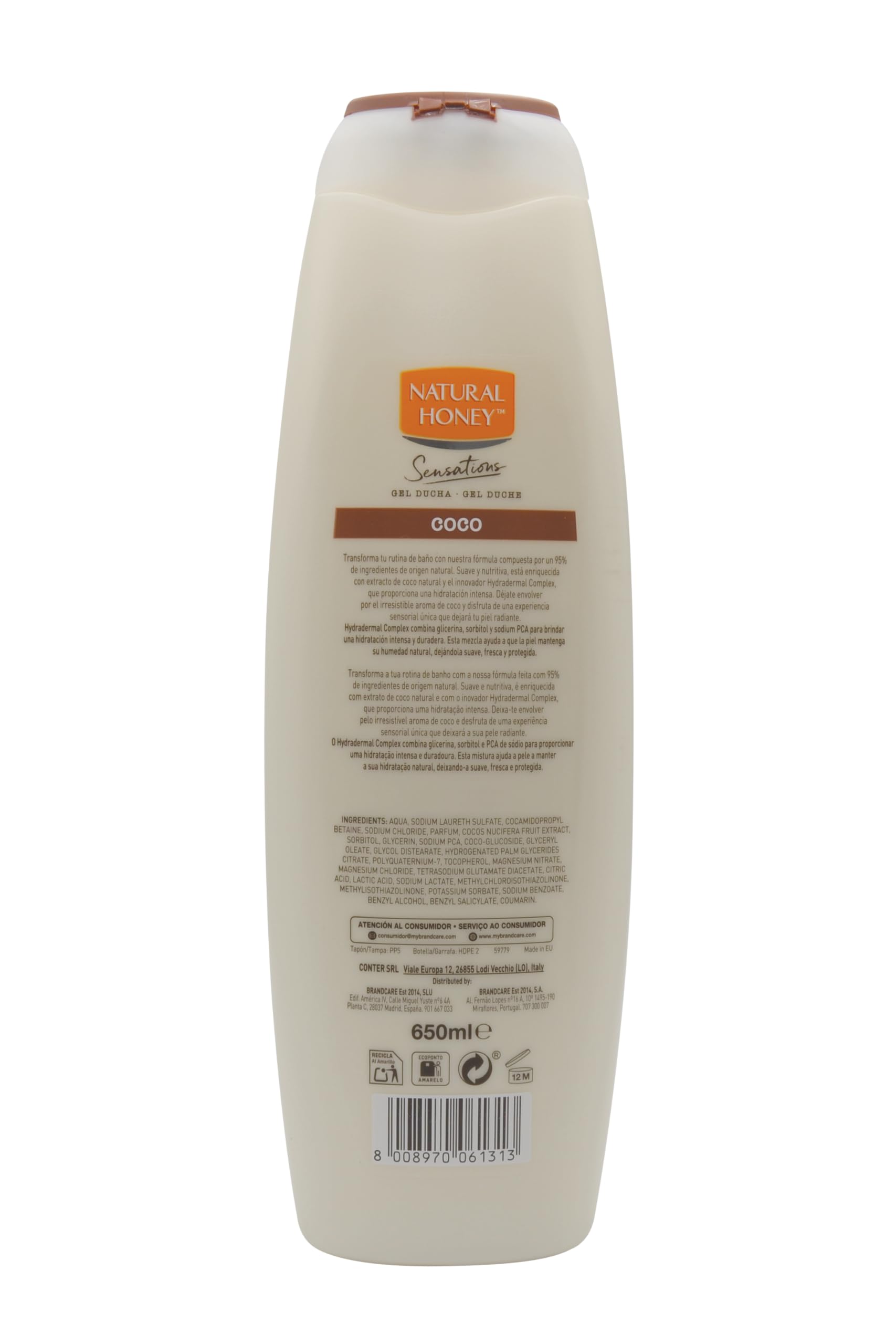 Natural Honey, Gel de Ducha con Extracto Natural de Coco Hidratante y Suavizante, con Hydradermal Complex para una Piel Suave, Fresca y Protegida, Aroma Tropical, Línea Sensations, 650 ml