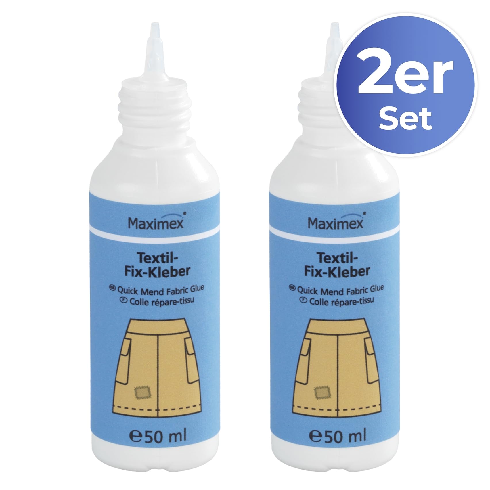 Textil-Fix Kleber, Textilkleber/Stoffkleber als ideales Flickmittel für alle Textilien, ohne Nadel und Faden Säumen, Flicken und Kunststopfen, wasch- und reinigungsbeständig, Inhalt: 2 x 50 ml Küche, Haushalt & Wohnen