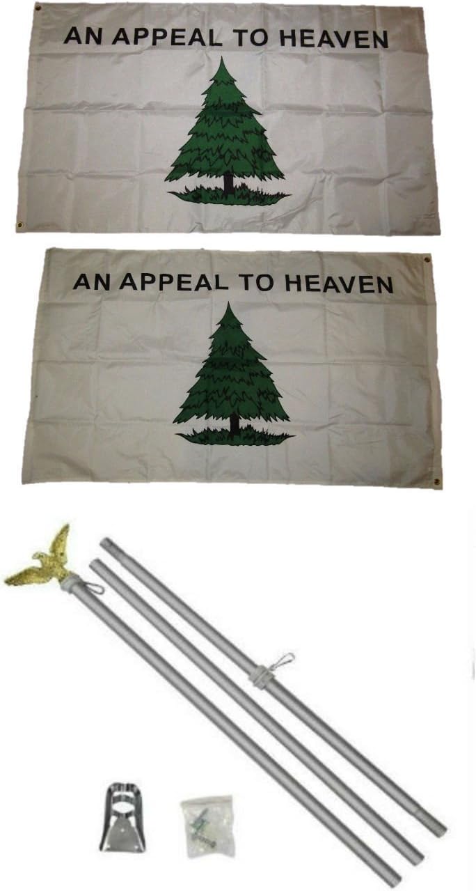An Appeal To Heaven Dark Green With Grass 3'x5' Polyester 2 Ply Double Sided Flag With 6' Aluminum Flag Pole Kit With Eagle Topper