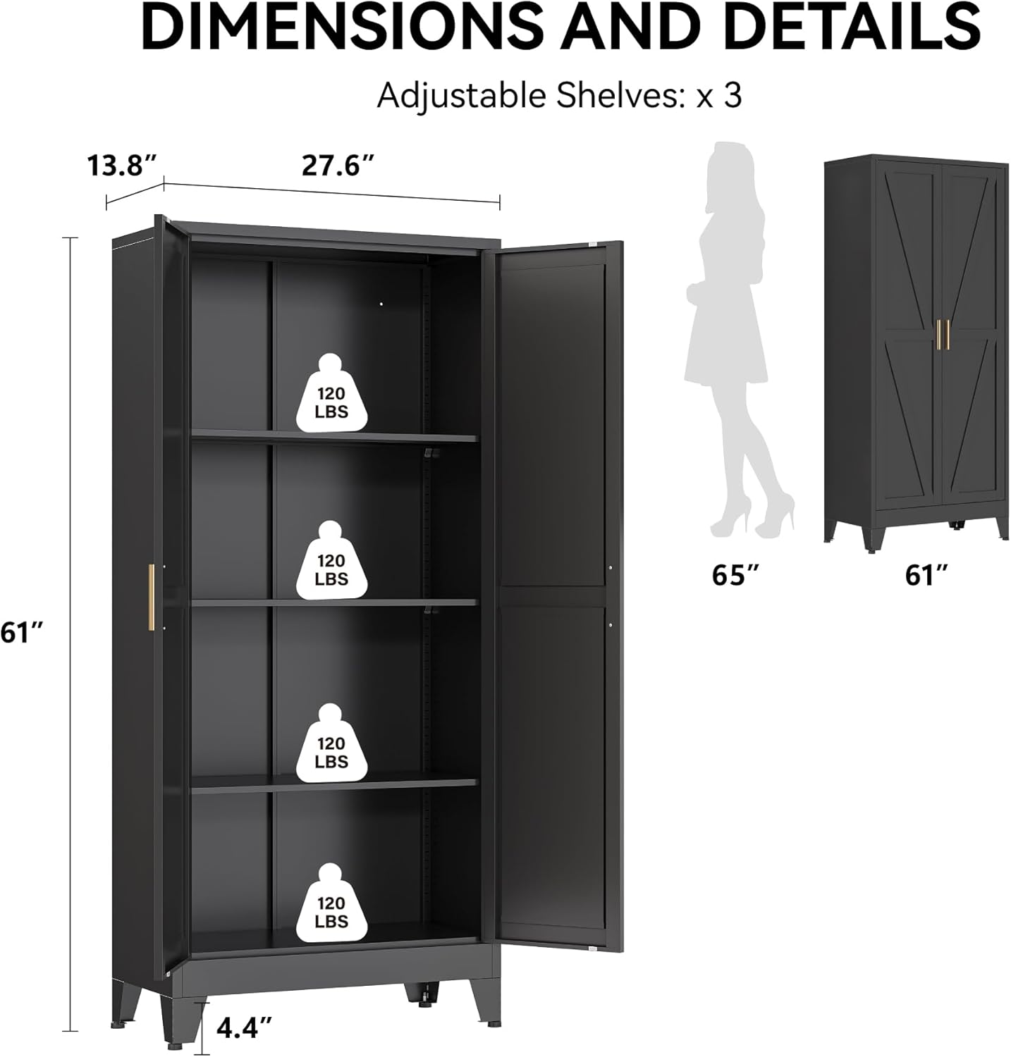 COFaR 61" Metal Pantry Cabinet in Black, Modern Storage Cabinet with Adjustable Shelves, Sturdy Metal Cupboard for Kitchen, Office, Living Room & Bathroom Organization