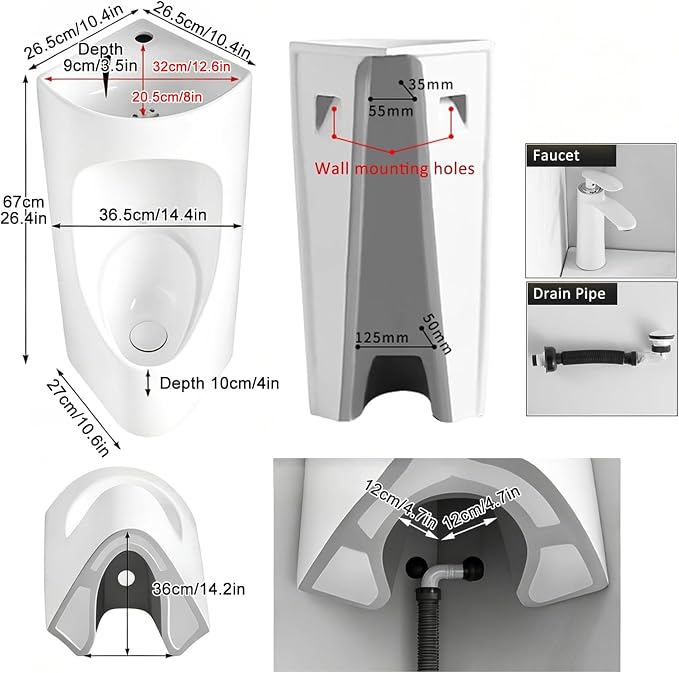Orinal Esquinero Montado en Pared para Hombre, Cerámico miniatura 2