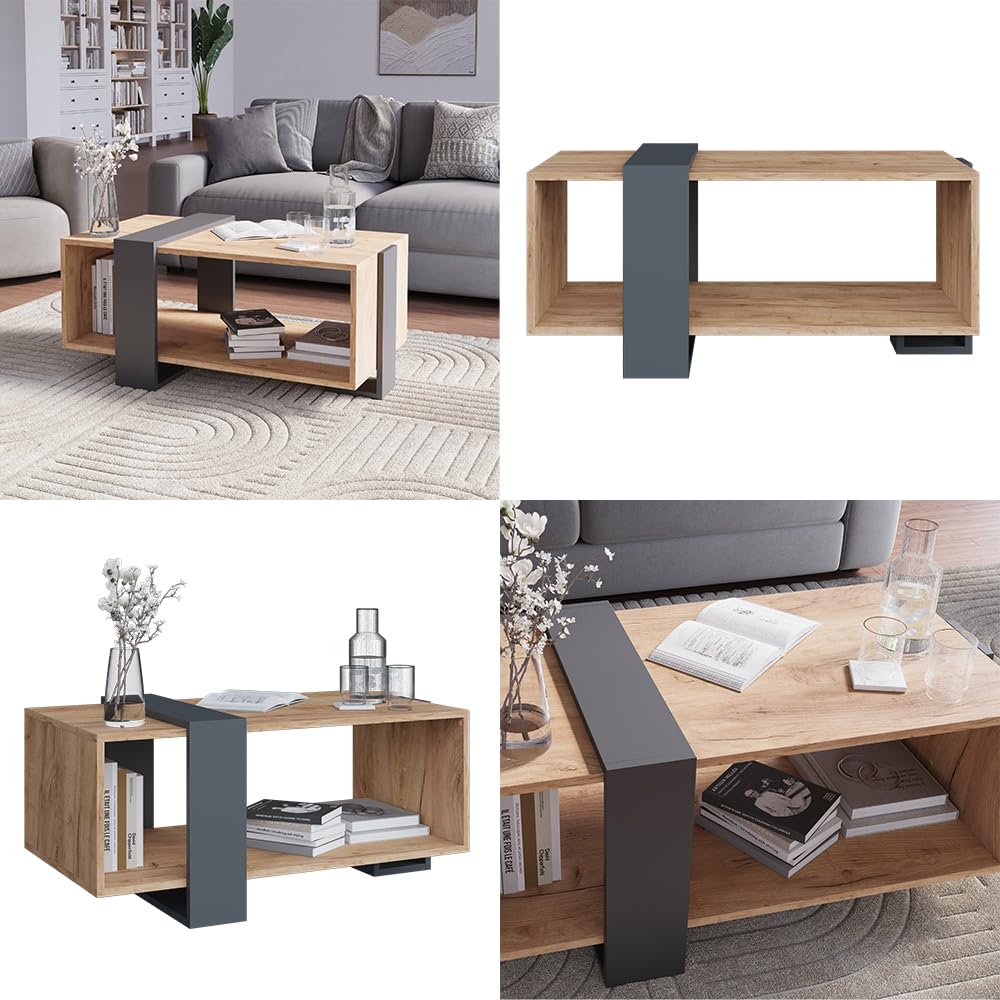 Vicco Tavolino Aven, Antracite/Rovere dorato, 91.5 x 52 cm, con ripiano aggiuntivo per libri e riviste