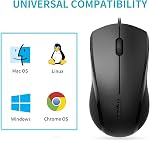 RAPOO N1600 Wired Mouse, 1000 DPI 3-Button USB Computer Mouse 5ft Cord Quiet Button Optical Mouse Wired, Left Right Hand Use Office Mouse, for Laptop PC Chromebook Mac Notebook, Matte Black
