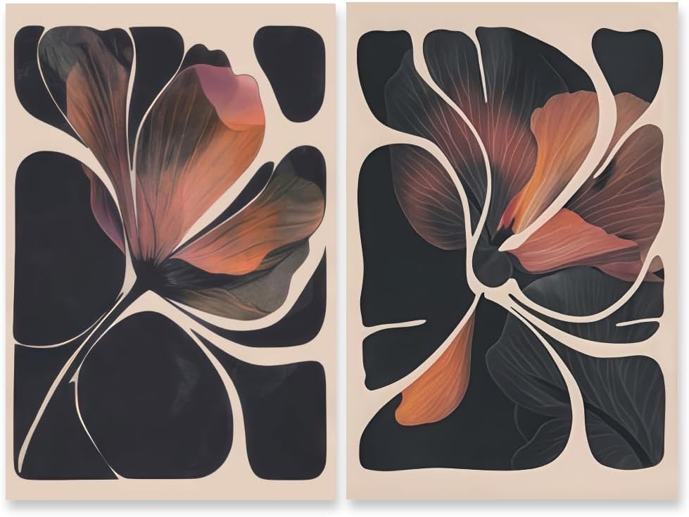 HUYKON Abstract Floral Wall Art Prints Set of 2 Modern Mid Century Botanical Canvas Painting Posters Black Orange Flower Picture Wall Decor Aesthetic for Bedroom Home Decor 16x24inch Unframed