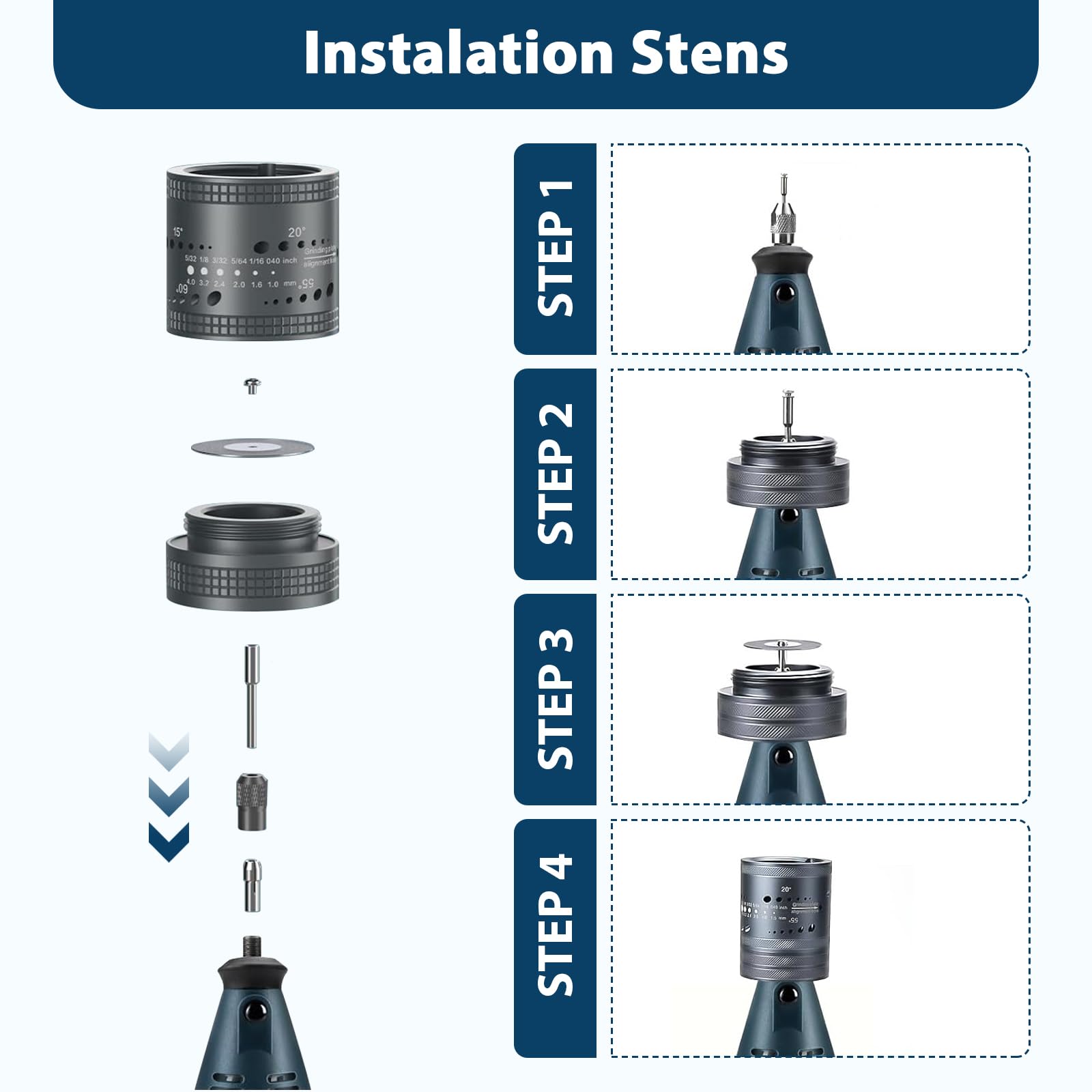 Ponceuse à électrodes 260 W pour soudage TIG - Kit d'affûtage à électrodes en tungstène pour soudage - 6 tailles - 8 angles - Meuleuse TIG avec bloc de ponçage plat - 10 roues diamantées - 3 mandrins