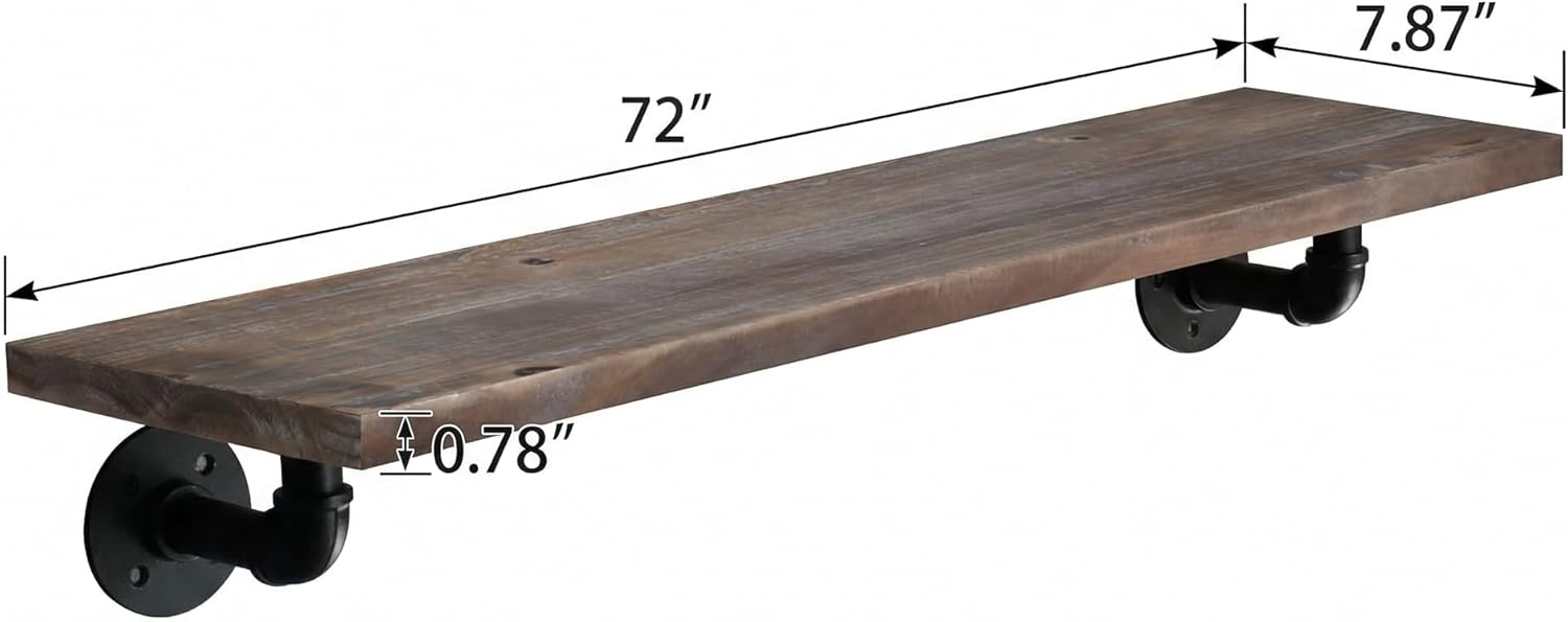 IEO Industrial Pipe Shelving Shelf,Wall Shelves Wood Shelf:Kitchen Shelves, 72 Inches Wood Long Floating Shelves for Wall Farmhouse Pipe Book Shelves Dark Brown for Decor and Bar Shelving