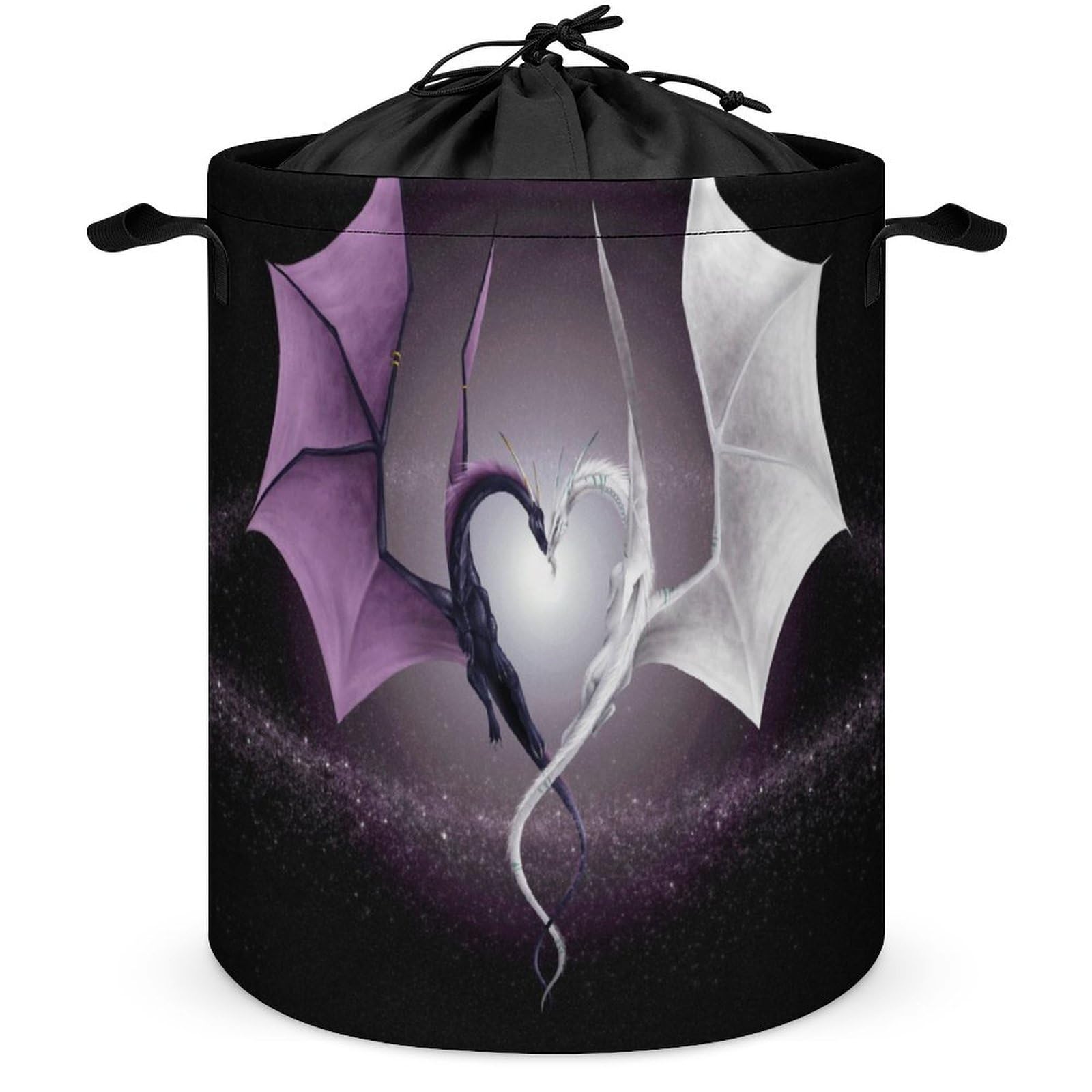 Wlntrophic Drawstring Laundry Hamper, Purple And Wirte Dragons Laundry Basket, Washing Basket with Handle