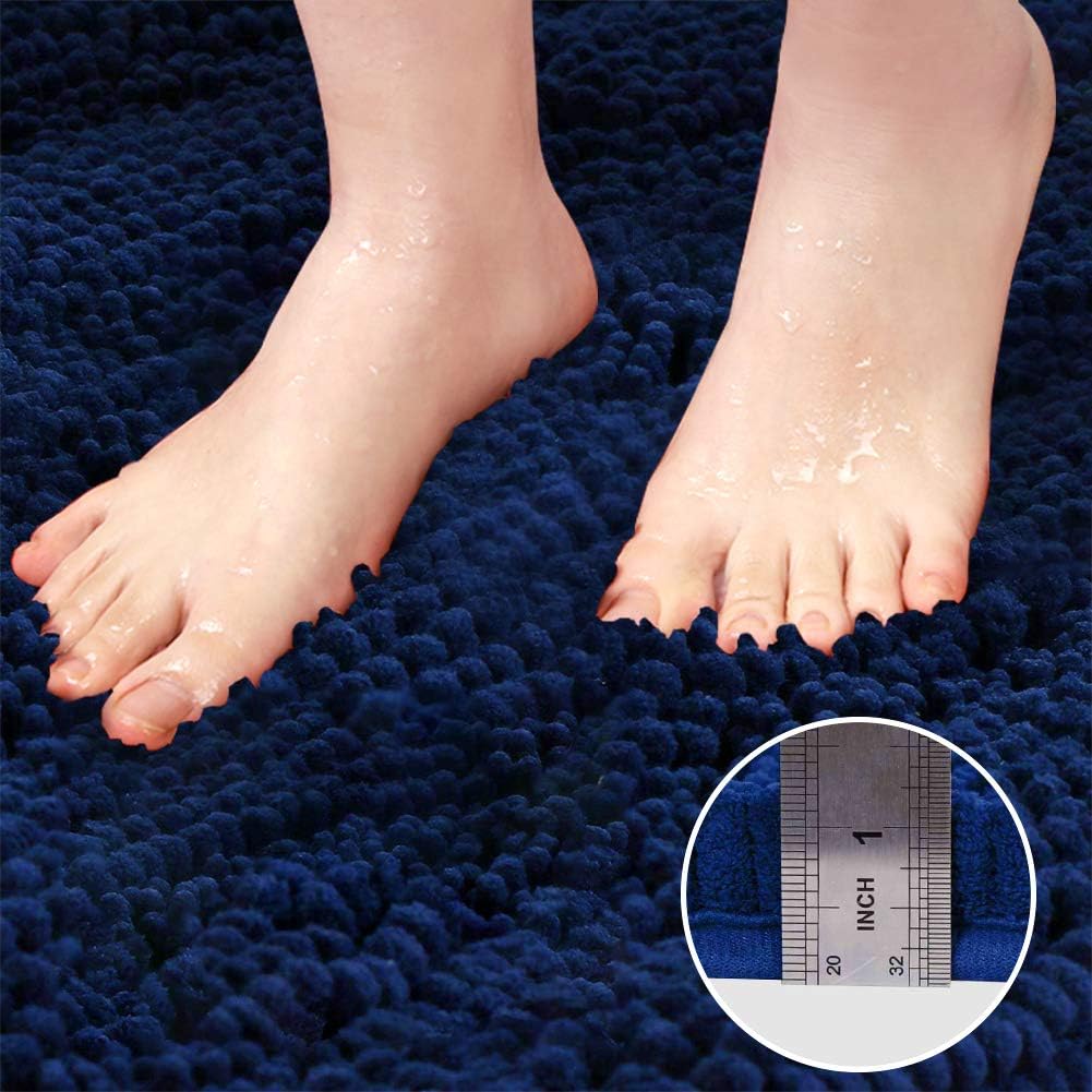 GAEA.TEX Extra Thick Luxury Striped Chenille Bath Rug Floor Mat, 20"X32" Soft Absorbent Shaggy Bath Rug, Washable Plush Carpet for Bathroom Bedroom, Navy
