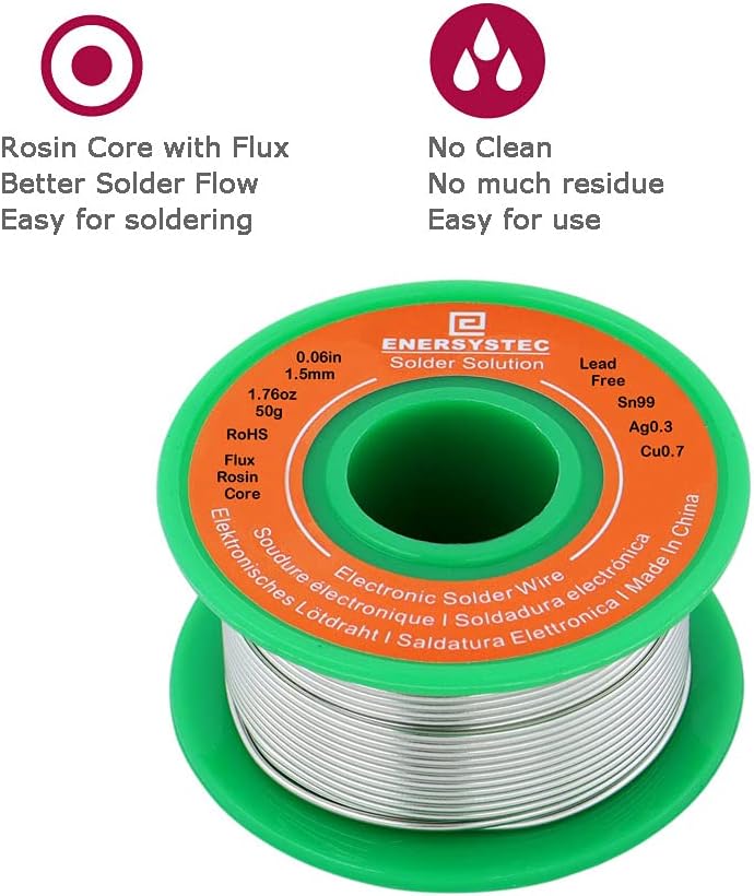 E ENERSYSTEC 1.5mm Electronic Solder Wire Lead Free Rosin Flux Core Diameter 0.06in Large Size Solder Wire Gauge 1.76oz 50g Sn99 Ag0.3 Cu0.7 Flow Electric Soldering Unleaded PB Free