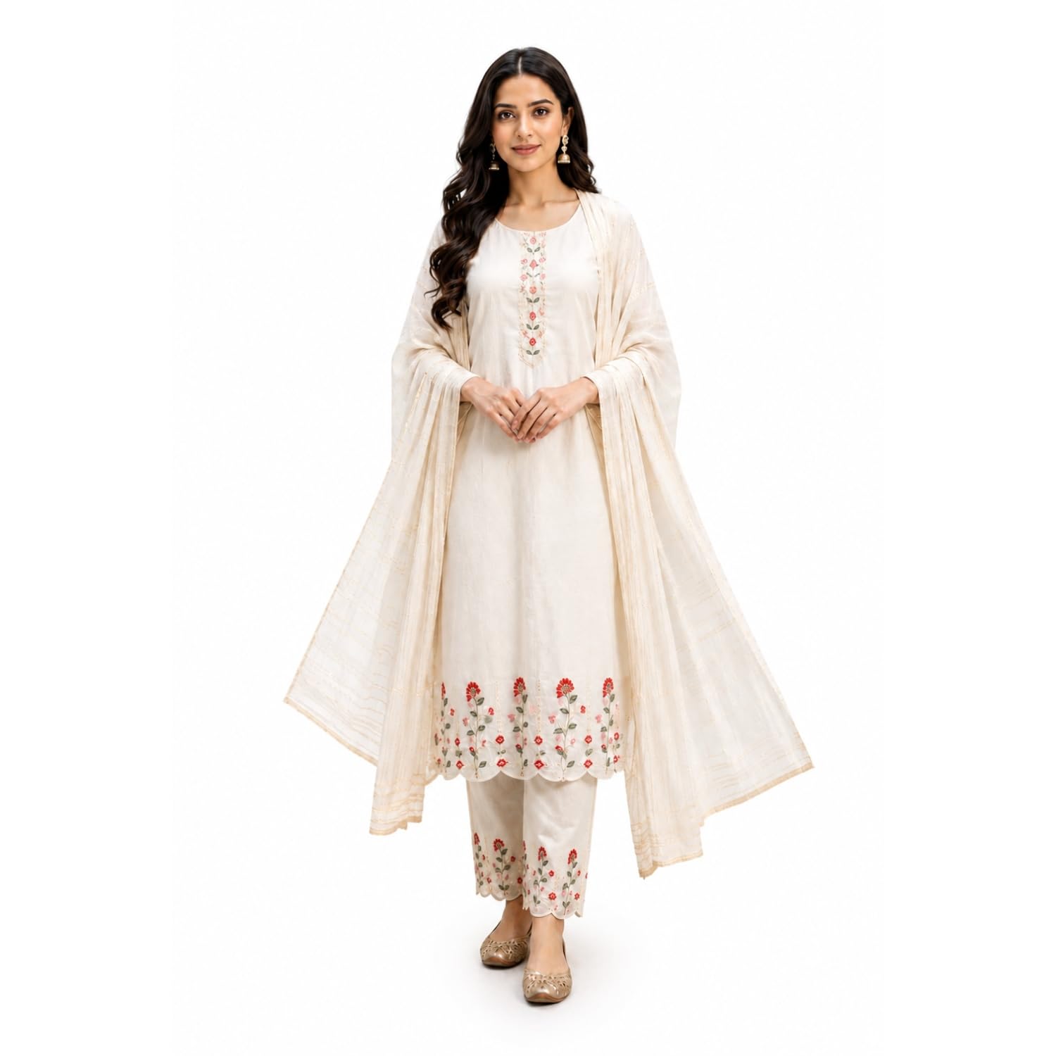 Women Pure Chanderi Kurta Pant Dupatta Set | White Embroidered Ethnic Suit Set for Women | Floral Embroidery Kurta with Mul Cotton Dupatta-image-1