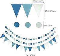 Vista 5 de ZERODECO - Decoración para fiestas, 21 abanicos de papel azul colgantes, pompones, flores, guirnaldas, tiras de lunares y banderines triangulares