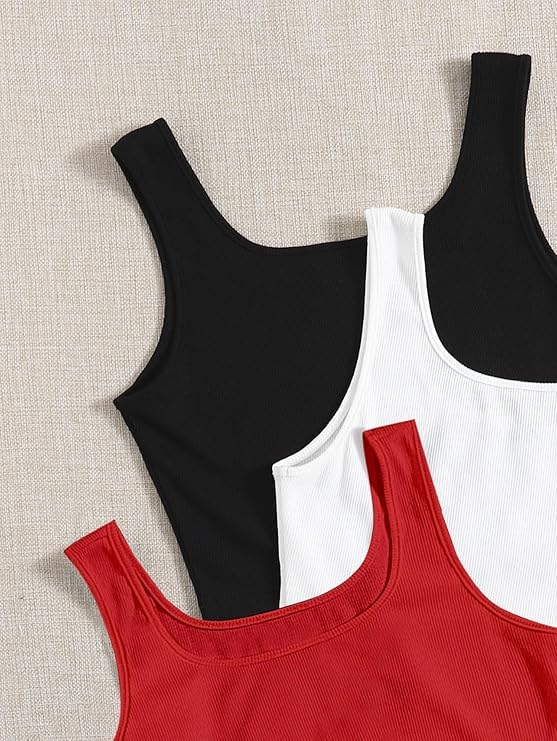 Image of Toochki Women's Knitted Sleeveless Solid Sqaure Neck Ribbed Tank & Crop Tops (Pack of 3)