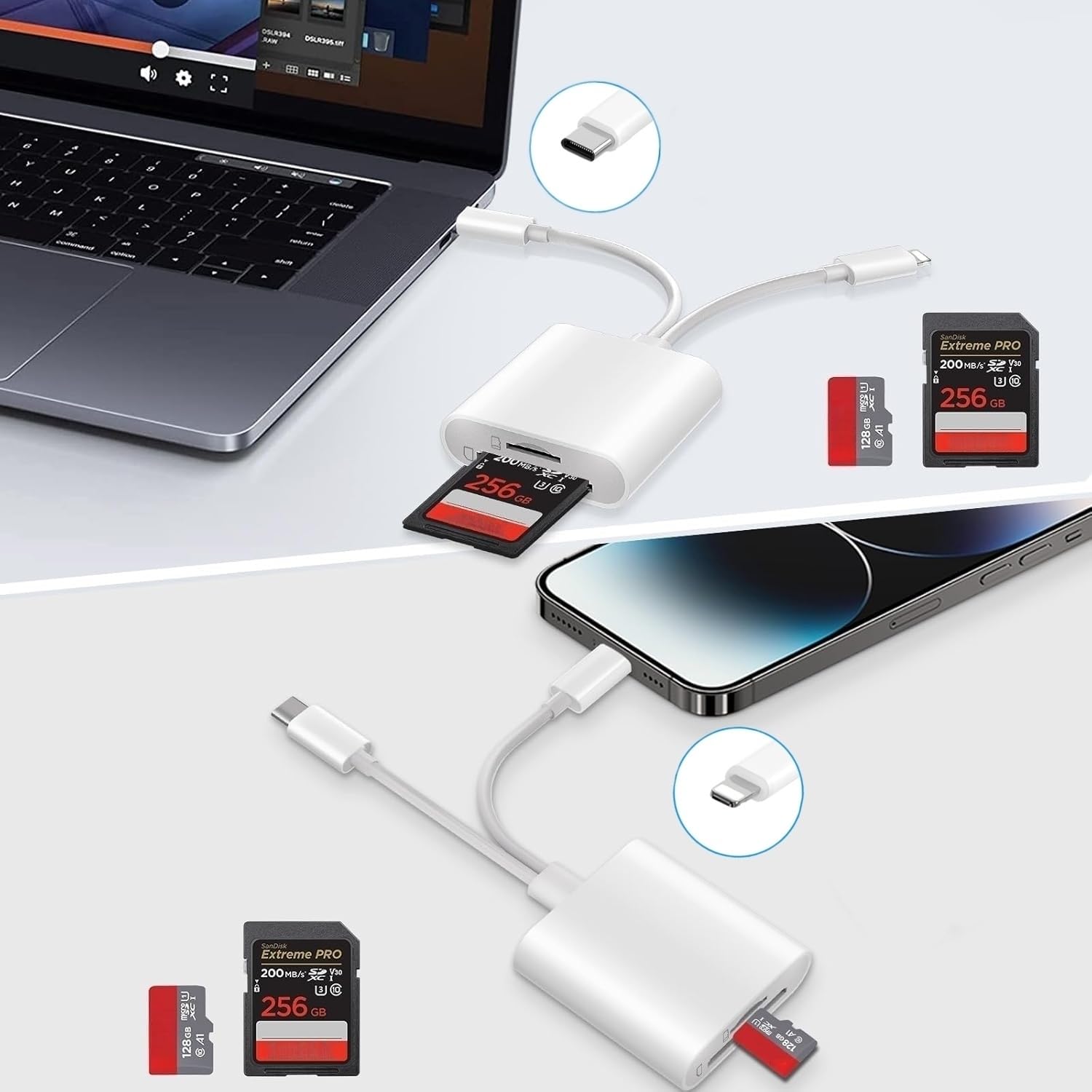 Lecteur de Carte SD pour iPhone, Adaptateur Lightning USB C pour Micro SD/SD, Lecteurs de Carte Mémoire USB C pour iPhone/iPad/MacBook/Caméra Plug and Play