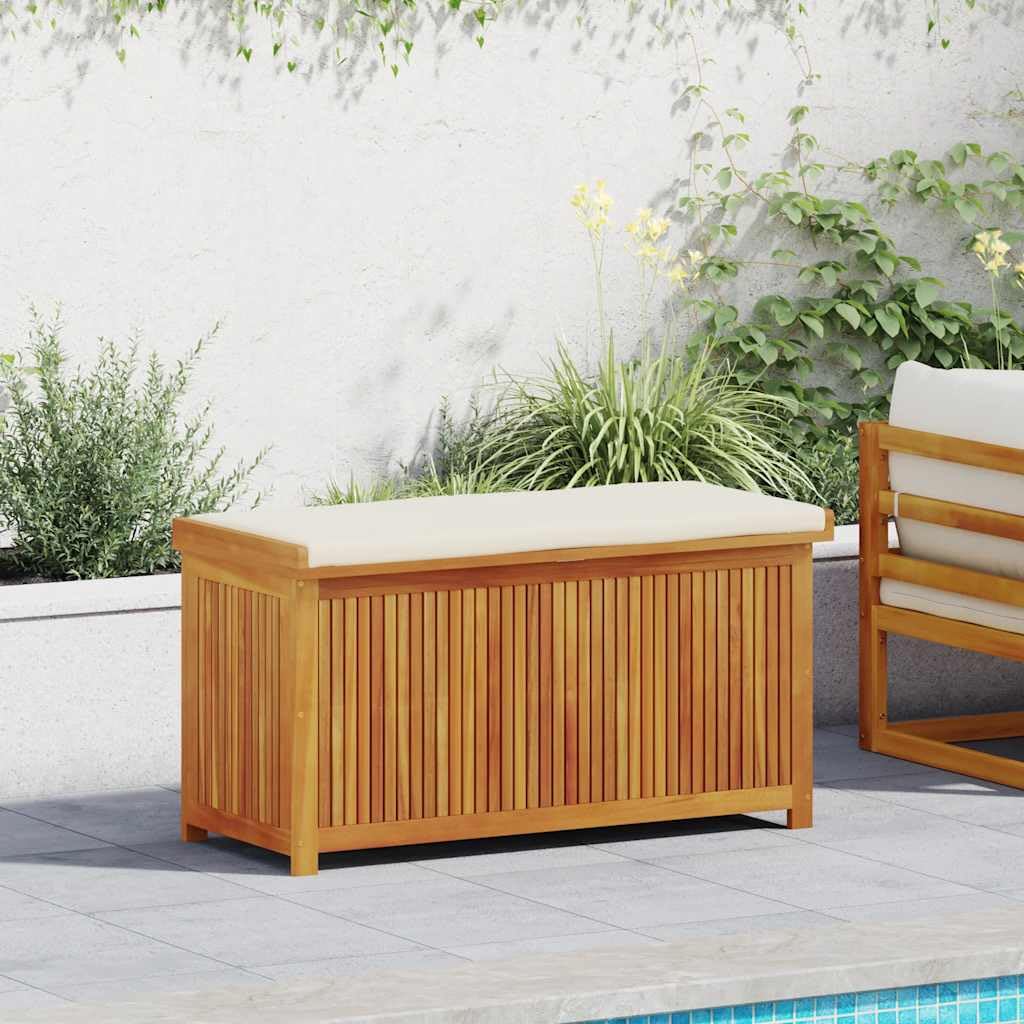 Scatola per cuscini esterni in acacia massiccia, 113 x 50 x 60,5 cm | Stoccaggio da giardino, borsa impermeabile integrata, doghe aperte, coperchio antipolvere