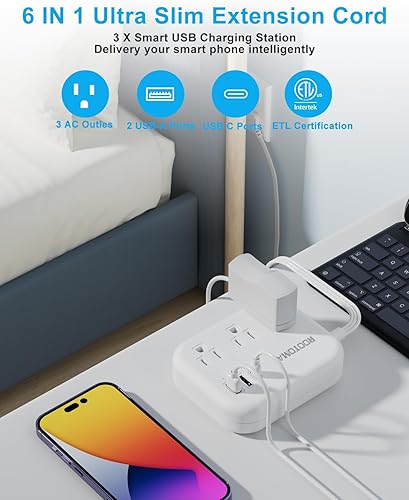 Miniatura 7 de Cable de extensión plano de 15 pies detrás de muebles, cable ultra delgado debajo de la alfombra, alfombra, puerta, barra de alimentación larga con