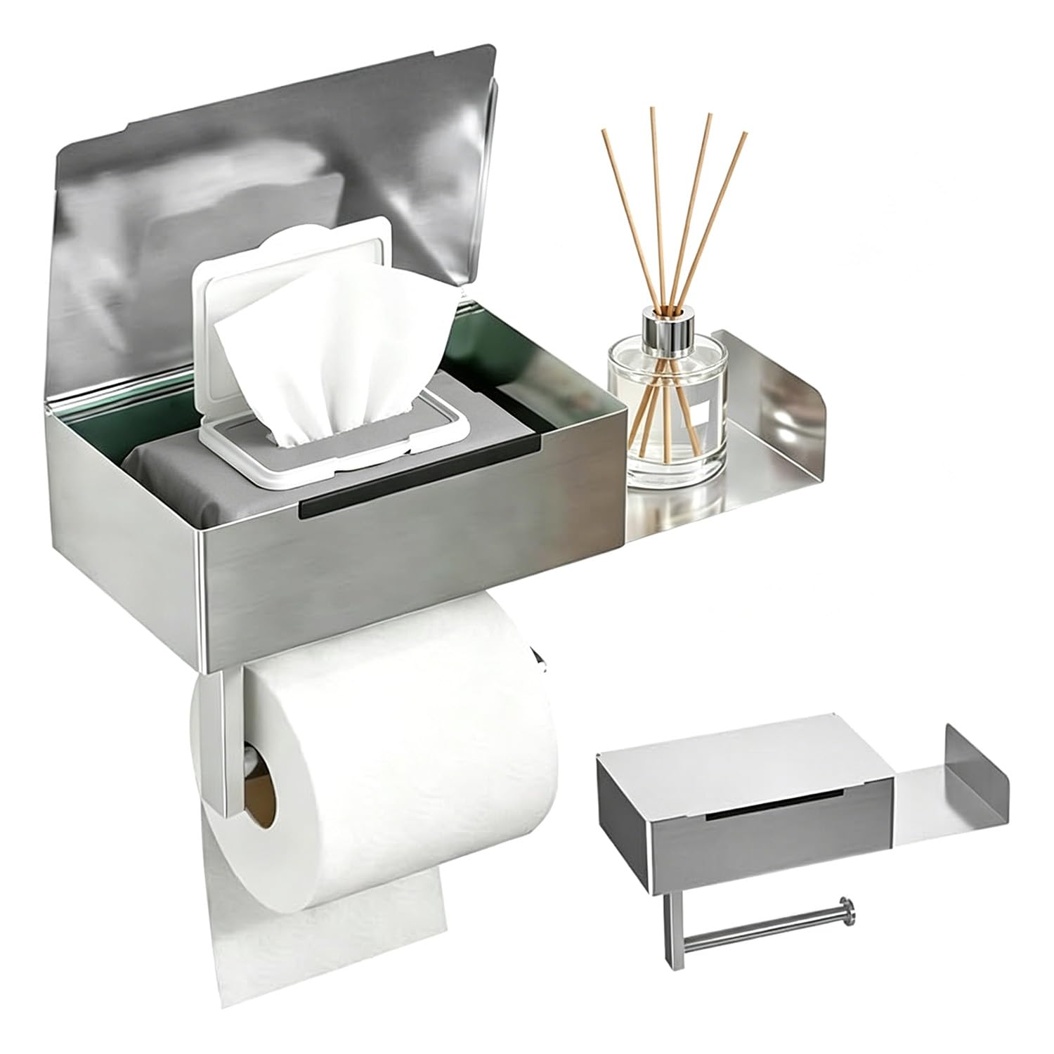 Toilet Paper Holder with Wet Wipes Box, Toilet Paper Holder No Drilling Toilet Roll Holder with Shelf, Roll Holder Self-Adhesive or Drilling, for Toilet, Bathroom, Kitchen, Stainless Steel