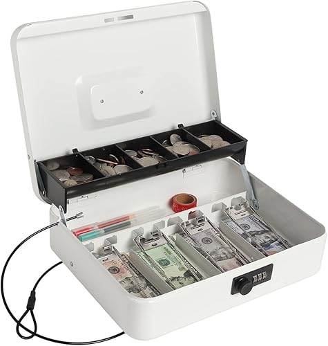 Caja de efectivo con cerradura de combinación, caja fuerte para dinero en efectivo, caja de seguridad con cable de seguridad, 11.8 x 9.5 x 3.54