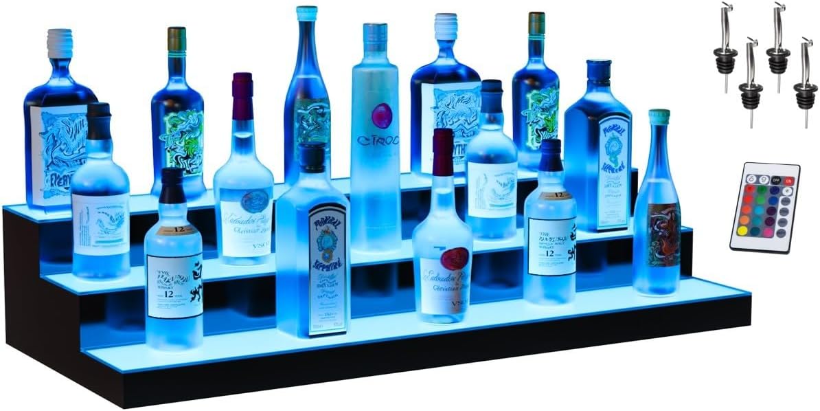 Boss Premium® BarUSA™ LED Lighted Bar Shelf Display Liquor Bottle Alcohol Whiskey Shelves Rack Stand Tray Units for Home Bar Living Room Accessories and Decor - Designed in USA (3-Step, 28 Inch)