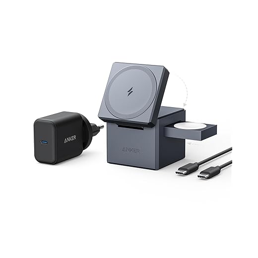 Anker 3-in-1 Cube mit MagSafe, 15W kabellose Höchstladeleistung, Kompatibel mit iPhone 14/13 / 12 Serien, Apple Watch Serie 1-7 / SE, und AirPods Pro / 3/2 (Inklusive 30W Netzteil)