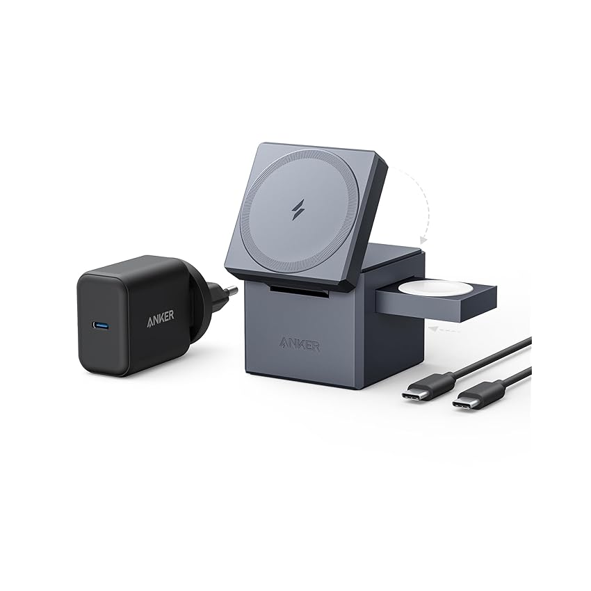 Immagine del prodotto Anker Caricatore Magsafe Cube 3 in 1 con MagSafe, caric. wireless richiudibile ricarica rapida max 15 W, iPhone 14/13/12, Apple Watch Series 1-8/Ultra, AirPods Pro/3/2 (con caric. USB-C 30 W)
