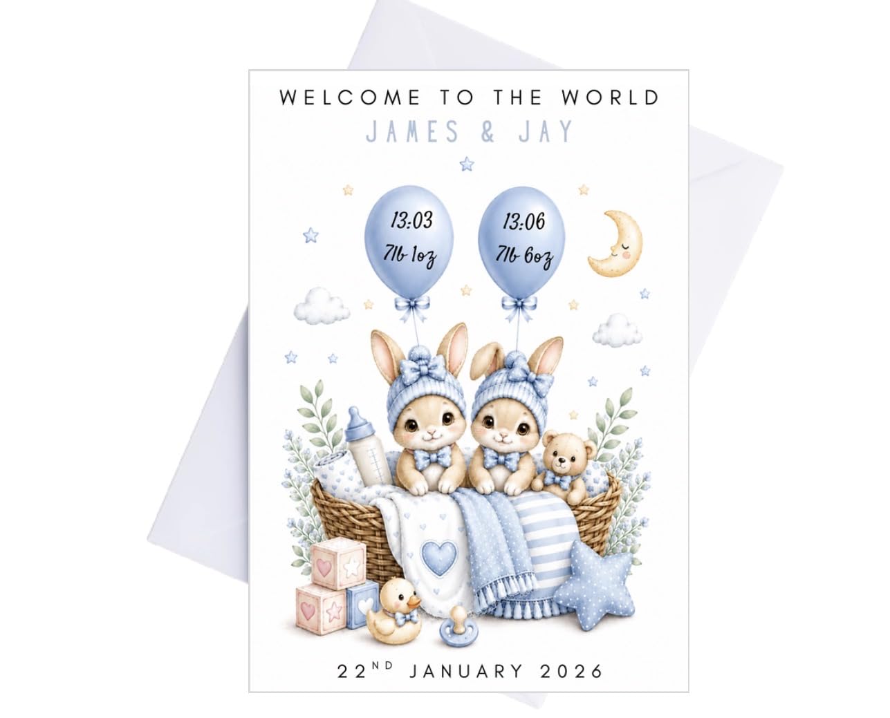 Personalised Twin Baby Card, Custom Names and Birth Details, Twin Girls, Boys or Boy & Girl, A5, Handmade Keepsake (Baby Boys)