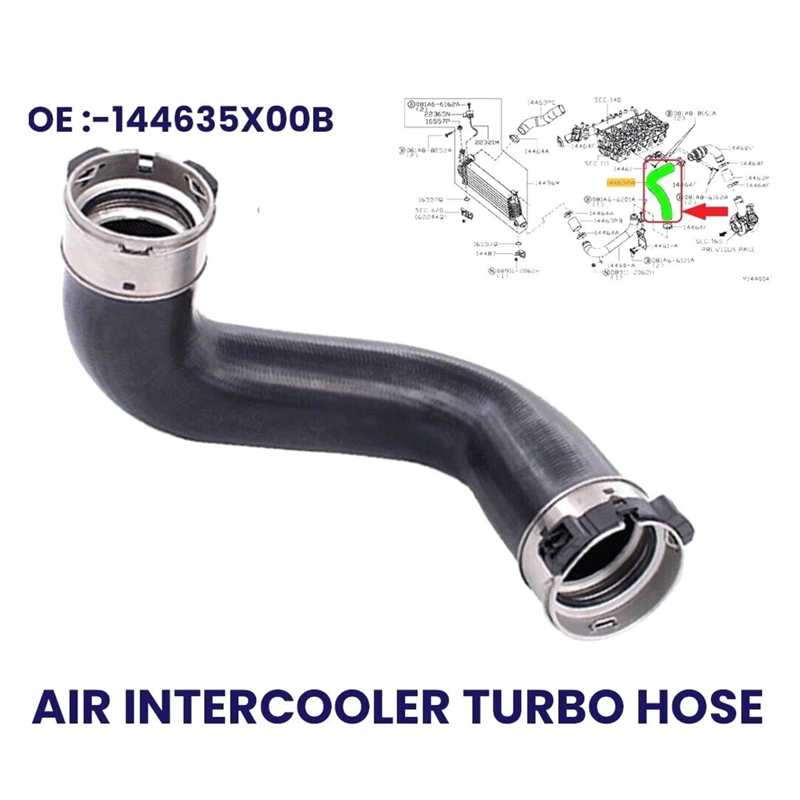 Rura wąż turbo 14463-5X02B 1 Sztuka Sprzedaż Części Samochodowych Gumowy Wąż Chłodnicy Powietrza Doładowującego Turbo Nissana Navara NP300 144635X04B 14463-5X00B