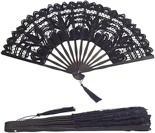 GORGECRAFT Black Lace Folding Fan with Bamboo Sticks Chinese Style Vintage Embroidered Floral Tassels Decorative for Dance…