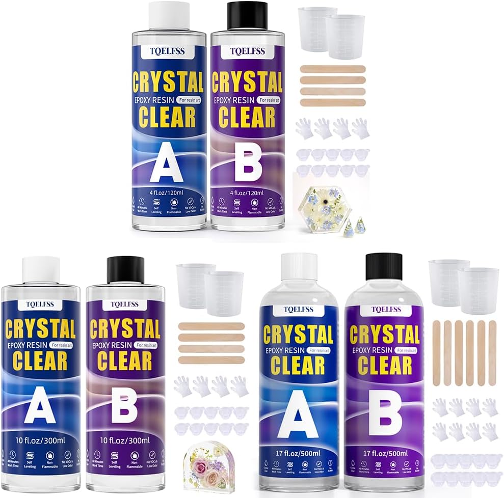 TQELFSS 8 OZ Epoxy Resin and 20 OZ Epoxy Resin and 34 OZ Epoxy Resin, Crystal Clear Epoxy Resin Kit, Fast Curing, Self Leveling, No Yellowing Resin Epoxy, Easy Mix 1:1 Epoxy Resin and Hardener